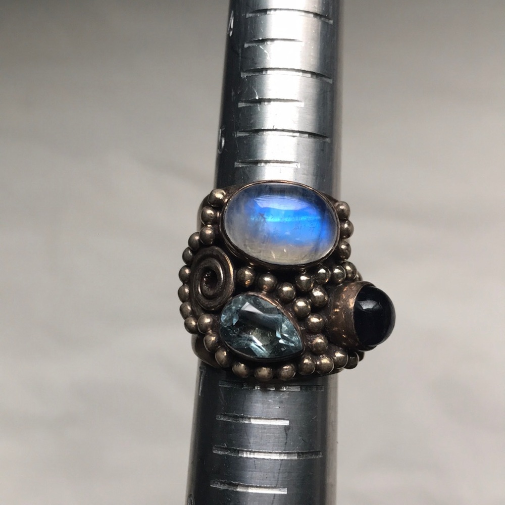 Moonstone, aquamarine, & amethyst silver ring